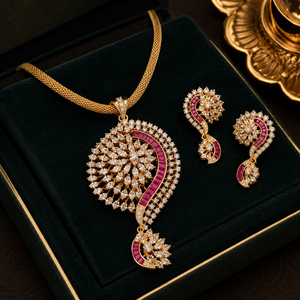 LISAJEWELLERS Ensemble Collier et Boucles d'Oreilles en Laiton Rouge Rubis Royal Motif Paisley Plaqué Or Zircon Bijoux de Mariage et de Fête pour Femme Classique - Product Image 3
