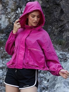 Women's <b>Pink</b> Hooded Windbreaker <b>Jacket</b> Full Sleeve Zipper Closure <b>Waterproof</b> Casual Crop Length Outerwear - Product Image 5