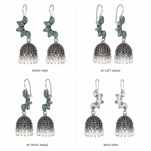 Pendientes Jhumka de Piedra Verde Menta Oxidada |   Pendientes de Perlas Étnicos Estilo Boho - Product Image 6