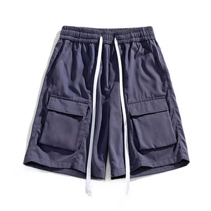 Shorts cargo pour homme, taille mi-haute, cordon de serrage, couleur unie, toile, décontracté, respirant, avec poches, longueur Bermuda, 100% coton - Product Image 5
