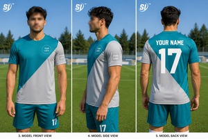 Custom Soccer Jersey Teal Grey Diagonal Split Sublimation Name Number Print Quick Dry Wholesale OEM Team Uniform - Product Image 4