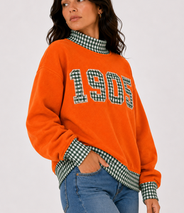 Sweat-shirt à col roulé grande taille pour femme 1905, imprimé personnalisé, patchwork à carreaux et pois, épaules tombantes, pull décontracté en tissu éponge, OEM - Product Image 3