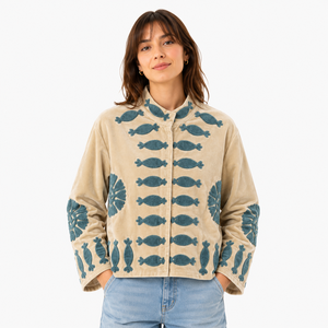 Pink Suzani Embroidered Knitted Velvet Quilted Reversible Bomber <b>Jacket</b> Vintage <b>Hippie</b> Style Autumn Winter Breathable 100% Nylon - Product Image 2