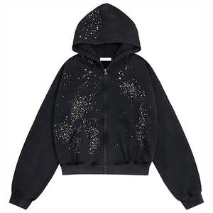 Men Full Zip Winter Hoodie Rhinestone <b>Star</b> <b>Design</b> Custom Logo Wholesale Bling Crystal Embellished Eco-Friendly Street Style - Product Image 1