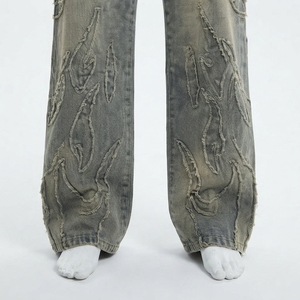 <b>Men's</b> High Waist <b>Wide</b> <b>Leg</b> Distressed Denim <b>Jeans</b> With Embroidery Loose Fit Streetwear Autumn Style - Product Image 3