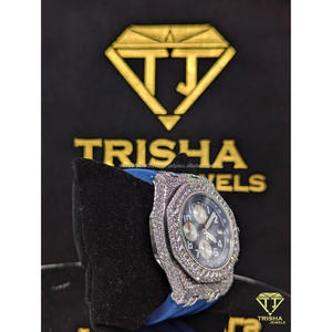 Montre chronographe automatique mécanique haut de gamme, cadran bleu, boîtier et bracelet en acier inoxydable, résistance à l'eau, design luxueux serti de pierres - Product Image 4