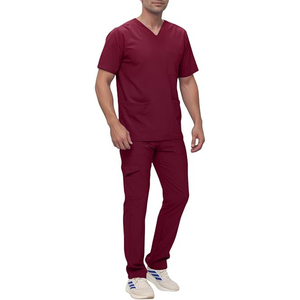 Ensemble de blouses médicales bordeaux, haut à col en V avec poches et pantalon, uniforme d'hôpital, tissu tissé en coton et polyester - Product Image 2
