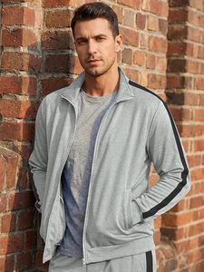 Ensemble de survêtement unisexe gris à manches longues avec fermeture éclair, col montant, couleur unie, poches latérales, coupe régulière, tenue décontractée d'automne - Product Image 6