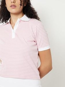T-shirt rayé pour femme, manches courtes, col polo, pour l'exportation, en mélange de coton respirant, toucher doux, coupe ajustée pour femme - Product Image 1