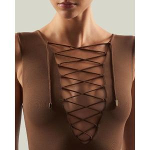 Vestido de Noche Marrón con Cuello Cruzado y Flecos, Sin Mangas, Hasta la Rodilla, de Tela Satén Transpirable, Precio al por Mayor - Product Image 4