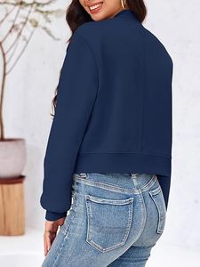Chaqueta Bomber Azul Marino para Mujer, Manga Larga, Cuello Alto, Cierre de Botones, Ropa Exterior Informal, Color Sólido, Bolsillos con Parches, Corte Corto - Product Image 2