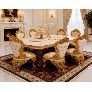Juego de comedor de 6 plazas con acabado en hoja de oro premium y intrincados tallados florales. Compre mesa y sillas de comedor para el hogar. - Product Image 1
