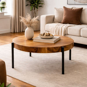 Mesa de Centro Contemporánea de Madera Maciza de Suarwood, Acabado Natural, Patas de Metal Industriales, Mueble Residencial, Estándar de Exportación - Product Image 3