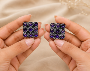 Proveedor Confiable: Pendientes de Plata Oxidada con Amatista Cuadrada Engastada para Mujer |   Proveedor de Joyería Étnica para Bodas al por Mayor - Product Image 2