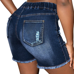 Womens Summer Casual Dark Blue Denim Pants <b>Elastic</b> Mid <b>Waist</b> Drawstring Ripped Distressed Washed Raw Hem Streetwear Fashion - Product Image 2