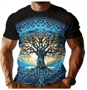 T-shirt noir à manches courtes pour homme avec motif Arbre de Vie bleu, col rond, coupe classique, imprimé, style décontracté, tendance - Product Image 1