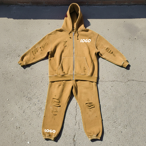 Conjunto de Sudadera con Capucha y Cremallera Estilo Vintage con Logotipo Personalizado y Pantalones Deportivos Holgados, 100% Algodón, Estilo Desgastado, para Hombre - Product Image 5