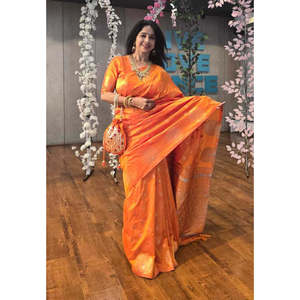 Sari de noche de seda suave naranja con doble tejido Zari y borde de pavo real de Elite Weaves - Product Image 1