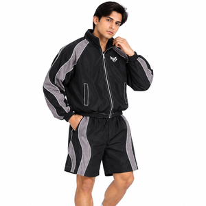 Ensemble tendance coupe-vent et short avec passepoil réfléchissant, en nylon léger patchwork, pour l'été, avec sweats à capuche - Product Image 3