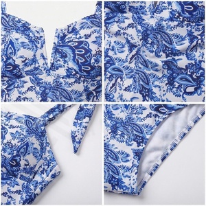 Maillot de bain une pièce pour femmes, imprimé floral bleu, col en V, bretelles à nouer, body extensible push-up - Product Image 4