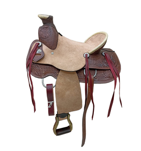 Silla de montar western de cuero rugoso color canela con diseño floral grabado a mano, asiento rígido, correas de latigo y juego de arreos, 10-18 pulgadas - Product Image 1