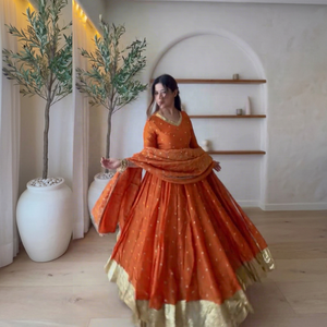 Orange Silk Anarkali <b>Suit</b> Set With Gold Border And Polka Dots For <b>Women</b> Traditional <b>Wedding</b> Wear India Pakistan Style - Product Image 1