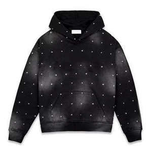 Sweat à capuche personnalisé épais 400 g/m² avec strass, style streetwear vintage délavé, noir délavé à l'acide, coupe oversize - Product Image 1