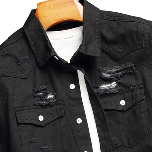 Chemise en jean noir déchiré pour homme, manches courtes, boutonnée, décontractée, été, 100 % coton sergé, lavée, coupe classique, respirante - Product Image 3