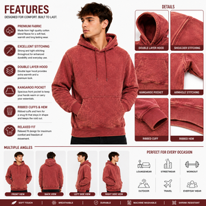 Men's <b>Red</b> Washed Fleece Hoodie Regular Fit Casual Hooded Sweatshirt Solid Color Pocket Design Breathable Street Wear <b>Hoodies</b> - Product Image 5