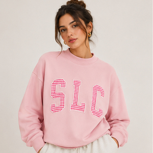Sweat-shirt oversize crème à col rond avec appliqué gingham SLC et motif lettres sur le devant, manches classiques, pull unisexe, style automne - Product Image 2