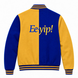 Chaqueta universitaria personalizada de la hermandad Sigma Gamma Rho, azul y dorada, con cremallera frontal completa, cuello con ribete, logotipo bordado, de algodón. - Product Image 3