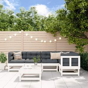 Grand ensemble de salon de jardin en bois de pin massif blanc et tissu Oxford - Product Image 1