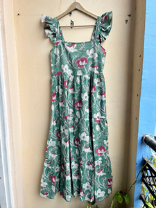 Robe d'été bohème sans manches en coton, motif floral imprimé à la main en vert et blanc, col carré, robe longue maxi - Product Image 2