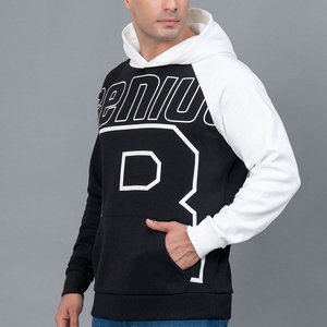 Sweat-shirt à capuche de couleur unie, manches longues, en coton tricoté avec poches, logo sur la manche gauche, style automne - Product Image 4