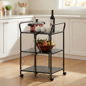 Black Steel Three-Tier Storage Cart with Four Wheels Movable Kitchen <b>Trolley</b> for Home Use - Product Image 4