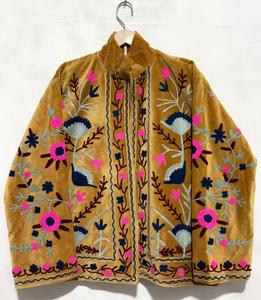 Handmade Yellow Velvet Floral <b>Embroidered</b> Suzani <b>Jacket</b> Full Sleeve Stand Collar Bohemian <b>Women</b> Winter Outerwear - Product Image 3