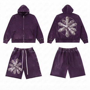 Conjunto de Sudadera con Capucha y Pantalones Cortos Acampanados Unisex de Algodón 100% Transpirable, Estilo Streetwear Personalizado, Efecto Desgastado por el Sol, Lavado Ácido, Liso - Product Image 1