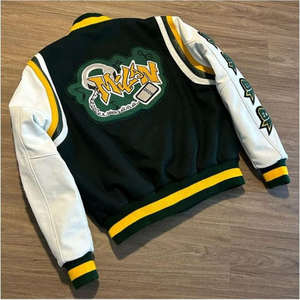 Chaqueta Varsity al por Mayor con Parches, Lana Verde y Mangas de Cuero Genuino Amarillo - Product Image 3