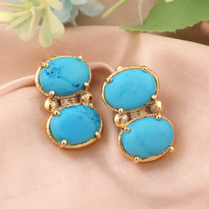 Boucles d'oreilles clous en laiton plaqué or 18 carats avec double cabochon ovale turquoise bleu, design barre verticale, bijoux fantaisie pour femme, cadeau - Product Image 2