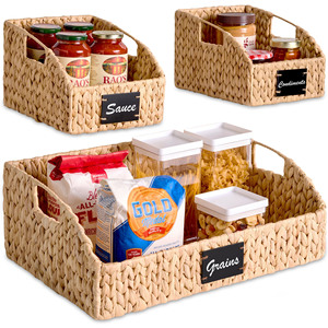 Eco Friendly Water Hyacinth Pantry Storage <b>Basket</b> With Label Holder <b>Wicker</b> Organizer Bin For Food Snack Kitchen Shelf Home Decor - Product Image 1