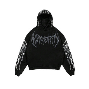 Vente en gros Sweat à capuche noir gothique pour homme, coupe oversize, en coton molletonné, avec logo imprimé sur le devant, manches classiques, style automne - Product Image 1
