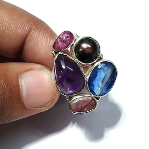 Bague Statement en Argent Sterling 925 avec Kyanite Bleue Naturelle, Améthyste, Tourmaline Rose et Pierres Précieuses Multiples, Bijou Fait Main Style Bohème - Product Image 4