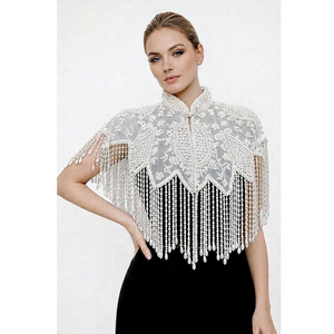 Women Pearl Beaded Bridal Cape Lace Fringe Shoulder Cover Wedding Party Evening Fashion Poncho <b>Overlay</b> Wrap <b>Top</b> - Product Image 1