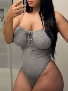 Women's Fashion Bodysuit with Drawstring Detail Sleeveless Stretchy Modal and Spandex Blend Sexy for Women A Brown 1pc Bodysuit - Product Image 3