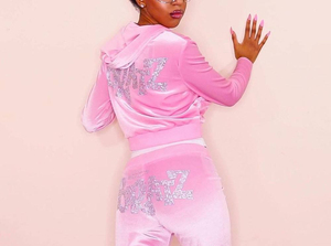 Ensemble 2 pièces en velours pour femme, manches longues, col à capuche, strass, logo personnalisé, coupe décontractée, toutes saisons, vente en gros - Product Image 2