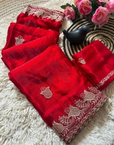 KV Women's Embroidered Bollywood Satin <b>Saree</b> (<b>Red</b>) - Product Image 1