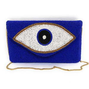 Blue Eye Beaded Boho Style Clutch <b>Bag</b> Handmade Durable Purse with Gold Chain Protection Charm Party or Wedding <b>Gift</b> - Product Image 5