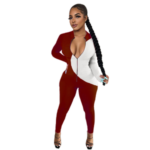Mono de manga larga para mujer, negro y blanco en contraste, cintura alta, ajuste ceñido, cuello en V, cremallera frontal, licra y poliéster, ropa de club - Product Image 2