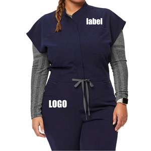 Conjunto de Uniforme Médico para Mujer, Cuello en V, Color Azul Marino, con Bolsillos, Mezcla de Algodón Tejido, Manga Corta y Pantalones - Product Image 1