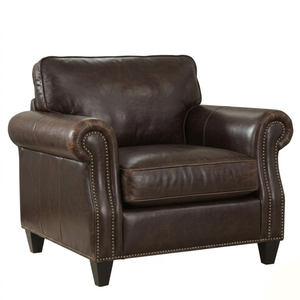 Genuine Leather <b>Armchair</b> Classic Rolled Arm Accent Chair with Nailhead Trim Comfortable Single Sofa for Living Room Bedroom - Product Image 2
